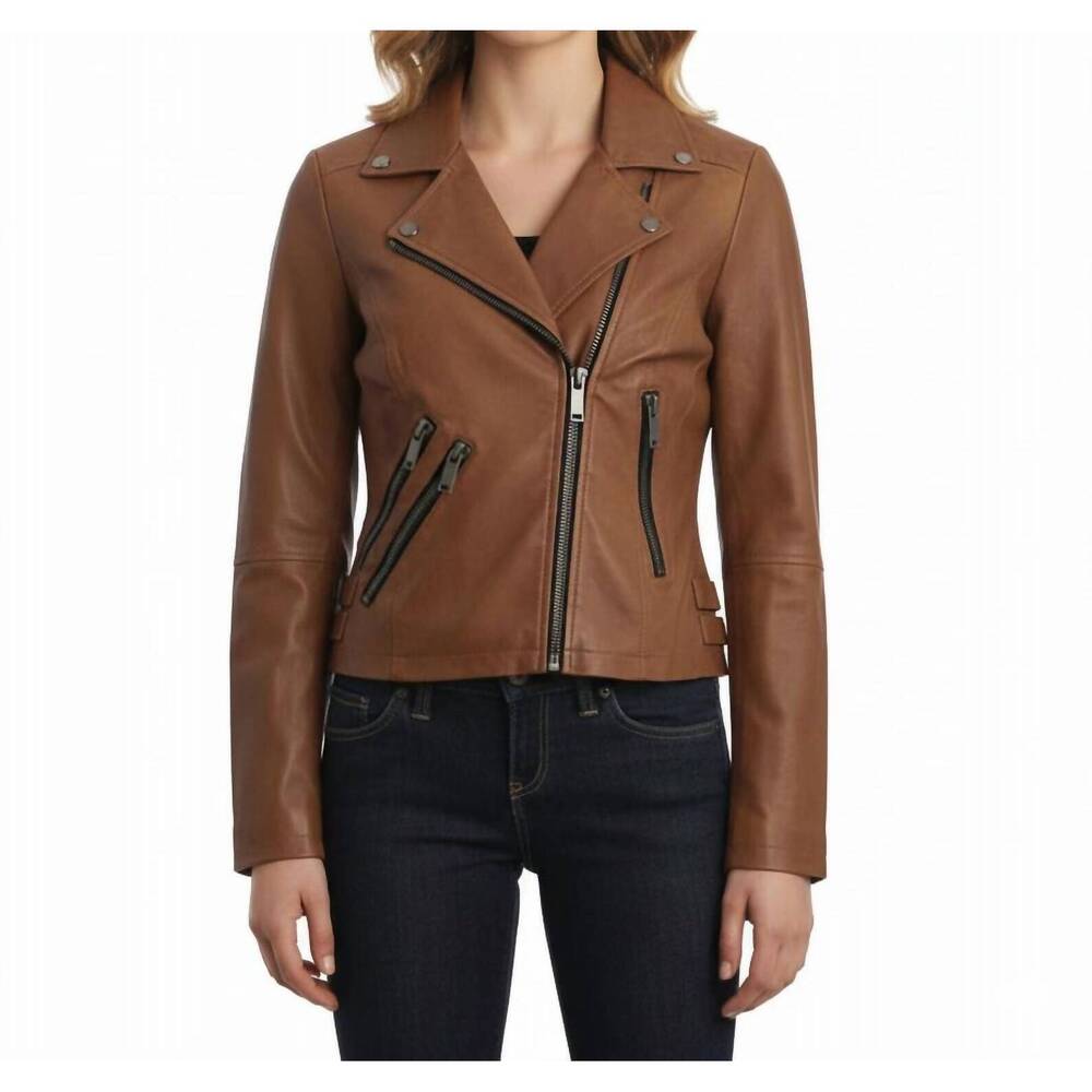 NEW LATTE BLACK faux leather moto jacket in brown